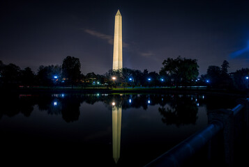 Washington Monument reflected on water at night in the District of Columbia