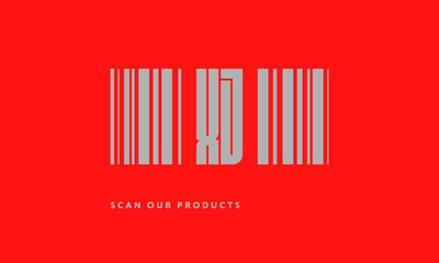 Premade barcode logo initials monogram  silver modern bar code on red background