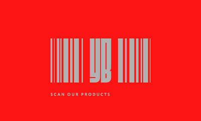 Premade barcode logo initials monogram  silver modern bar code on red background