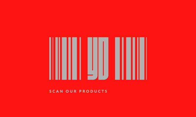 Premade barcode logo initials monogram  silver modern bar code on red background