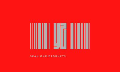Premade barcode logo initials monogram  silver modern bar code on red background