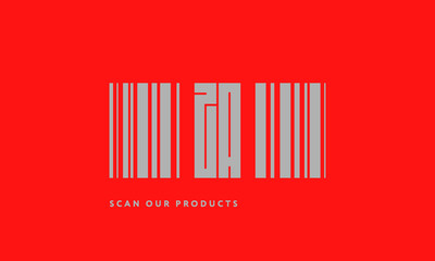 Premade barcode logo initials monogram  silver modern bar code on red background