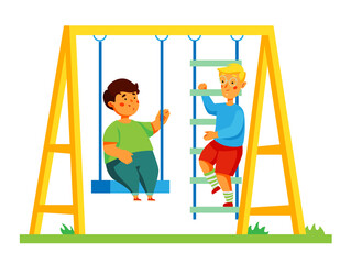 Children on playground - colorful flat design style illustration