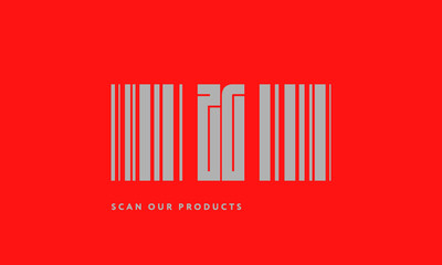 Premade barcode logo initials monogram  silver modern bar code on red background