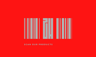 Premade barcode logo initials monogram  silver modern bar code on red background