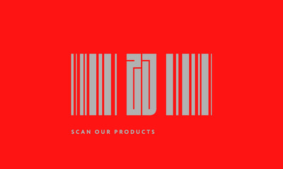 Premade barcode logo initials monogram  silver modern bar code on red background