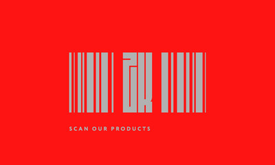 Premade barcode logo initials monogram  silver modern bar code on red background