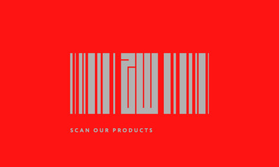 Premade barcode logo initials monogram  silver modern bar code on red background