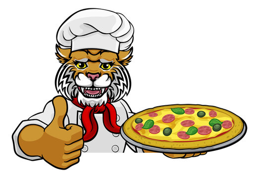 A wildcat chef mascot cartoon character holding a pizza peeking round a sign and giving a thumbs up