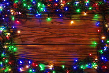 Christmas lights and vintage wood