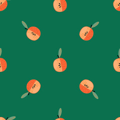 Vegetarian seamless doodle pattern with apples. Minimalistic ornament on green background.