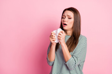 Profile photo of sick young brunette woman hold napkin feel ill near empty space dress shirt...