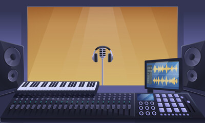 recording studio interior with room with microphone and equipment, vector illustration