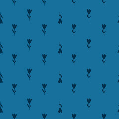 Little tulip flowers seamless doodle pattern. Navy blue background. Abstract floral artwork.