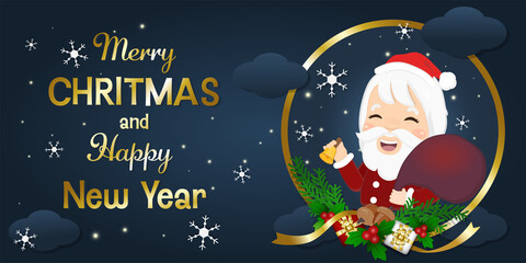 Vector illustration of christmas night, santa claus and greeting message.