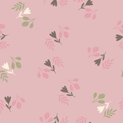 Folk flower seamless doodle pattern. Simple botanical shapes ornament on pink background.