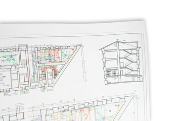 Architectural design, drawings, drawings are lying on the table. Construction Fund, engineering tools. top view