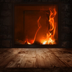 Wooden table with a fireplace
Illuminated empty wooden table with a fireplace. Square dark...