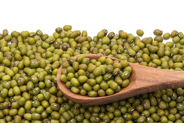 Pile of mung beans with a spoon on top seen obliquely from above with white background 