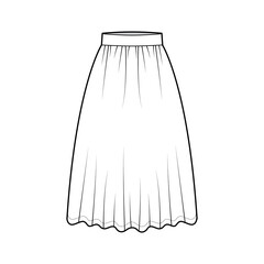 Skirt dirndl technical fashion illustration with below-the-knee lengths, semi-circular fullness, thick waistband . Flat bottom apparel template front white color style. Women, men, unisex CAD mockup