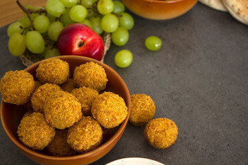 Traditional food of Israel on dark grey background with copy space. Colorful authentic meals top view photo. Healthy eating concept. 