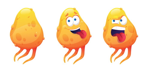Bacteria isolated cartoon germ funny orange microbe showing tongue. Vector comic avian infectious virus with front and back view. Smiling and angry germ emoticon with toothy smile, childish emoticon