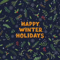 Vector modern seamless pattern with colorful hand draw illustration of Christmas plants. Use it for wallpaper, textile print, greeting card, web page, textures, wrapping paper, design of presentation