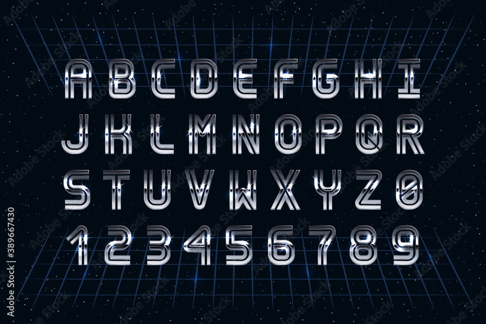 Poster retro chrome font in the style of 80's. vector sci-fi typography. letters and numbers