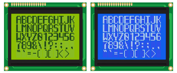 Latin Font for Green and Blue LCD Displays With Dot-Matrix - obrazy, fototapety, plakaty