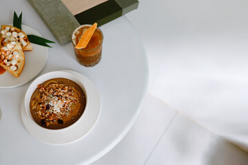 Healthy breakfast. Fresh granola muesli with yogurt Bowl of muesli