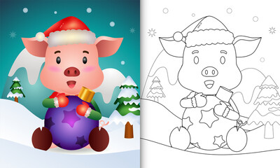 coloring book with a cute pig hug christmas ball