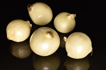 Ripe white organic onions, close-up, on a black background.