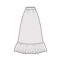 Skirt prairie dirndl technical fashion illustration with floor ankle lengths, semi-circular fullness, thick waistband. Flat bottom template front, grey color style. Women men unisex CAD mockup