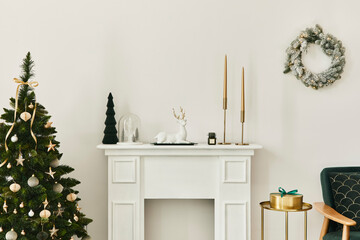 Stylish christmas living room interior with green sofa, white chimney, christmas tree and wreath,...