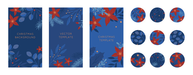 Bundle of Christmas and Happy New Year insta story templates and highlights covers in holiday style.Vector layouts with plants and florals.Xmas backgrounds.Trendy design for social media marketing.