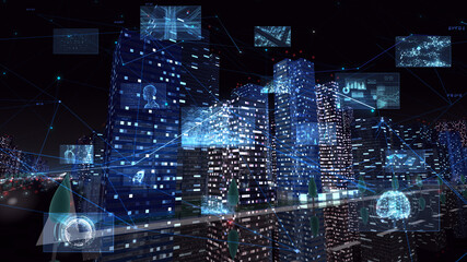 Digital Communication Network Technology AI Big data City Building Business 3D illustration