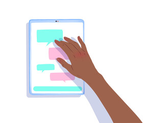 Top view illustration of hand working with tablet
