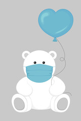 Teddy bear in face mask with heart shaped helium balloon. Vector illustration.