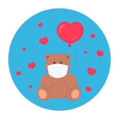 Valentines Day 2021 conceptual symbol. Teddy bear in mask. Vector illustration.