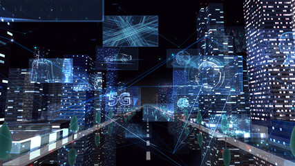 Digital Communication Network Technology AI Big data City Building Business 3D illustration
