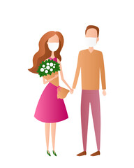 Caucasian couple in masks holding hands on date. Vector illustration.
