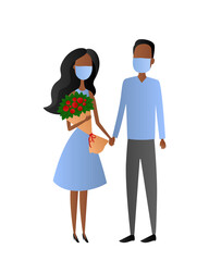 African couple in masks holding hands on date. Vector illustration.