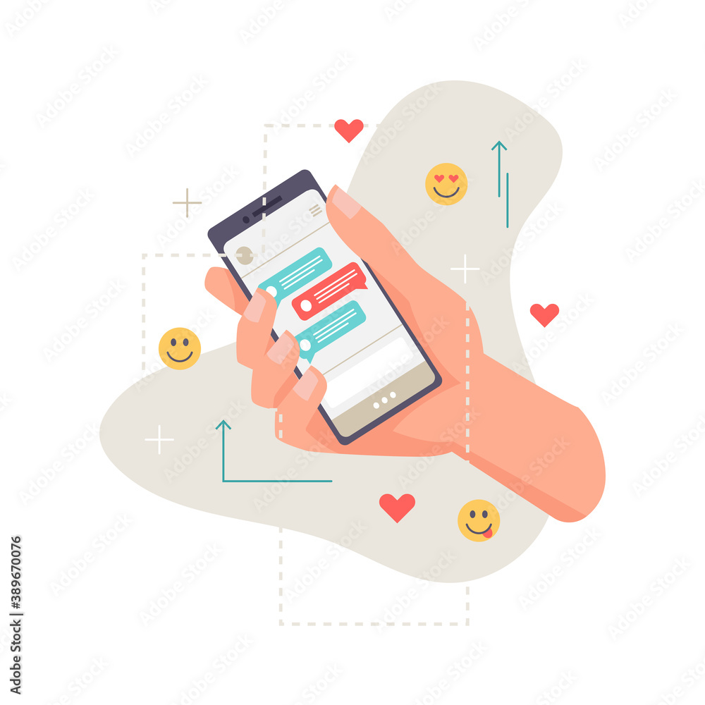 Poster application, smartphone in hand, online communication, chat with likes and emoticon smileys isolated