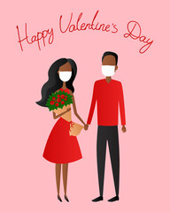 Valentines Day card. African couple in masks. Vector illustration.