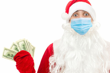 Illness and colds. santa claus in medical mask. red background.