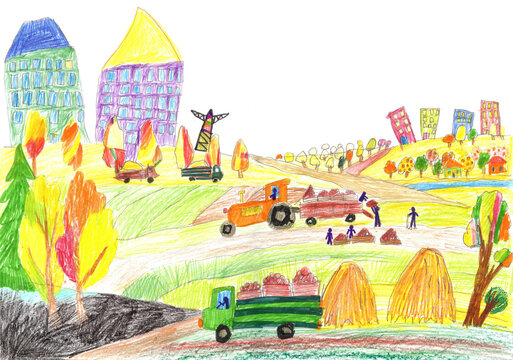 Tractor and trailer working a field. Harvesting season. Harvest delivery, organic food transportation. Drawing in children style