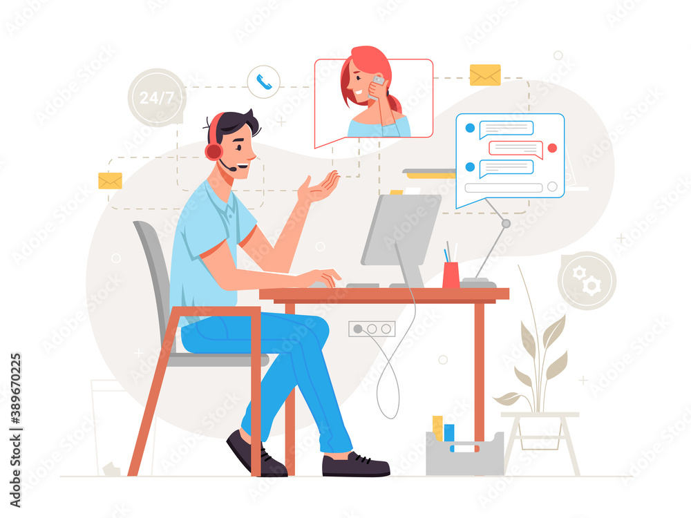 Poster Call center online customer service isolated man support center worker sitting on chair at table and communicating via computer with woman. Vector operator in headset, assistant at helpline 24 on 7