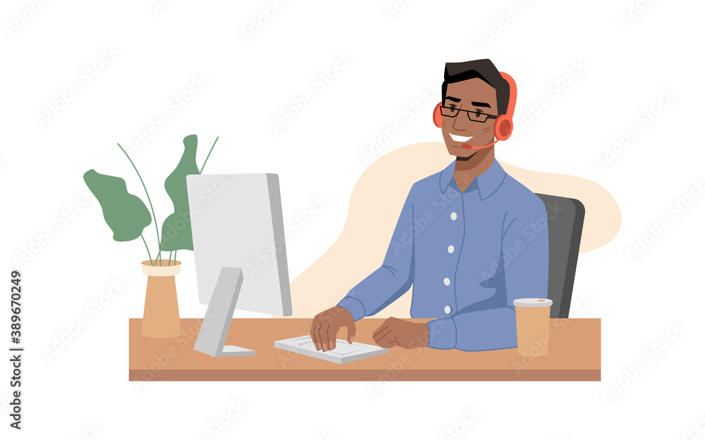 Poster Call center, afro american guy operator smiles in headphones with microphone and type on keyboard. Vector online customer service support center, worker sitting at table and communicating via computer