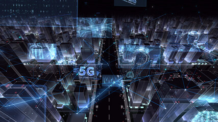 Digital Communication Network Technology AI Big data City Building Business 3D illustration