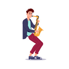 Guy plays saxophone isolated flat-cartoon musician. Vector saxophonist playing on blowing musical instrument, jazzman orchestra player with sax. Professional artist musical performer on concert